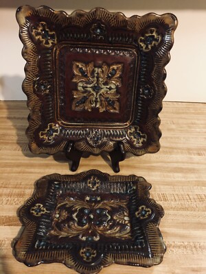 AWA Studio Art Pottery Trinket Tray Dish Set Of 2 Signed Brown Western,colorful.-image