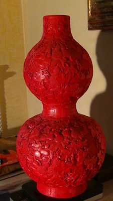 EARLY 20c CHINESE DIP RED LACQUERED  CINNABAR LARGE DOUBLE GOURD SHAPE VASE 20
