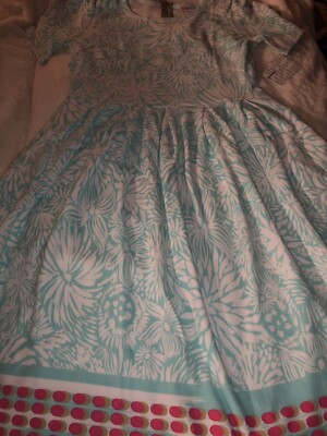 NEW LuLaRoe Large Blue/White Floral Dip Dots Pockets Amelia 14/16 12/14 NWT🦄-image