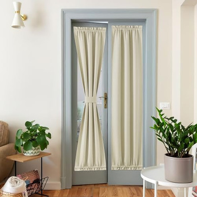  Faux Linen Door Curtains - Thermal Insulated Blackout Front French Window -image