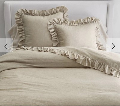 Pottery Barn Belgian Flax Linen Fringe Ruffle King Duvet NIP! Flax Natural-image