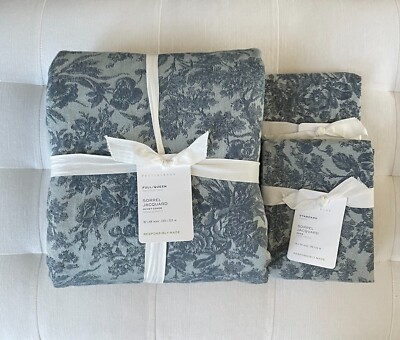 Pottery Barn SORREL TOILE JACQUARD Duvet Full Queen & Standard Shams Dark Blue-image