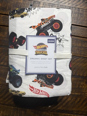 Pottery Barn Kids Hot Wheels Monster Trucks Organic 4 Piece Sheet Set Queen New-image