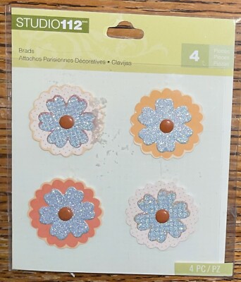 K&Company Studio 112 Layered Blue, Orange Flower Shaped Brads Wedding Scrapbook-image
