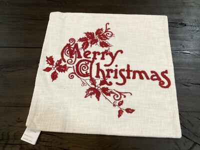 Pottery Barn Merry Christmas Embroidered Pillow Cover 20” ivory red holiday NEW-image