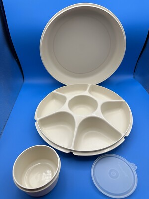 Vintage Tupperware 1665-2 Veggie Fruit Snack Tray Server 4 Piece Almond dip lid-image