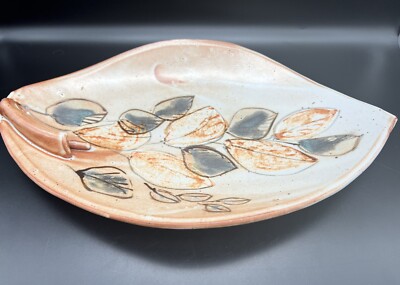 VTG Large Leaf Shaped Studio Pottery Orange Ceramic Plate Tray-image