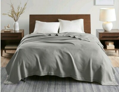 Madison Park Blanket Grey 90x90 Full/Queen Size Knit Egyptian Cotton (795)-image
