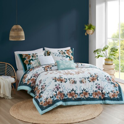 Madison Park Cotton Floral Print Comforter Set with Throw Pillows Queen King Bed-image
