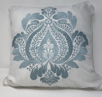 Madison Park Square White Throw Pillow With Light Blue Embroidery. 15”-image
