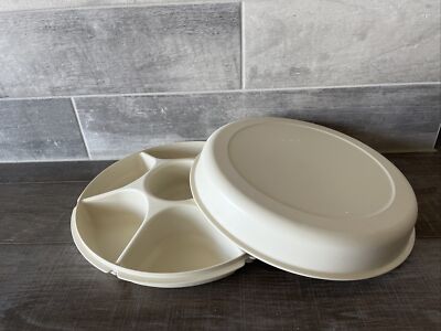 Vintage Tupperware Almond Divided Vegetable Fruit Chip & Dip SERVING TRAY & LID-image