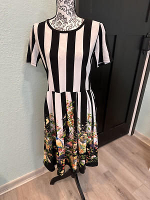 LuLaRoe X-Large Amelia Black White Striped Floral Dipped Birds Garden Flowers-image