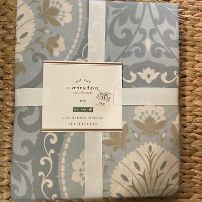 New Pottery Barn  Ravenna Naturals Twin Organic Duvet Cover Slate Blue Brown-image