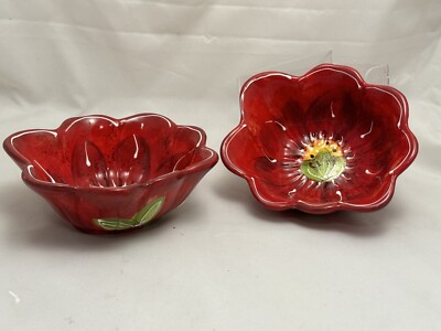Laurie Gates LG Dining Escena Ceramic Posy Garden Red Poppy Flower Bowl Set of 2-image