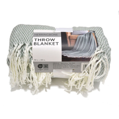 Ienjoy Home Throw Blanket Herringbone 50X60 Fringe Acrylic Eucalyptus Green New-image