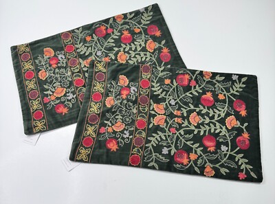 Pottery Barn Arabella/ Lilah Embroidered Green Lumbar Pillow Covers New Lot of 2-image
