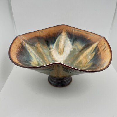 SARAH WELLS ROLLAND Pottery Pedestal Bowl Drip Glaze Studio Art 10”WX6”H Aprox.-image