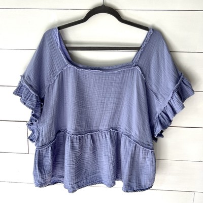 100% Cotton Washed Gauze Ruffle Sleeve Shirt Cornflower Blue Lagenlook Bohemian-image