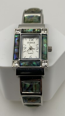 Studio Time Ladies Cuff Watch Silver Tone W/Rhinestones & Abalone WORKS-image