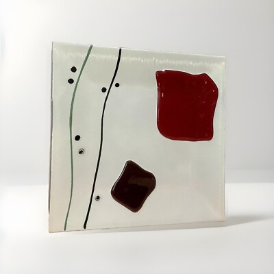 80s Abstract Fused Glass Plate 9in Square Modern Design Studio Art Red Purple-image