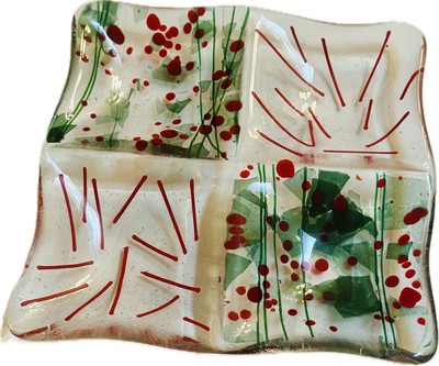 Art Studio Fused Glass Square Tray Red Green Holly Berry Confetti Abstract Dish-image
