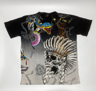 Authentic Christian Audigier Vintage Men's T-shirt Serpent Gray Dip Dye L-image