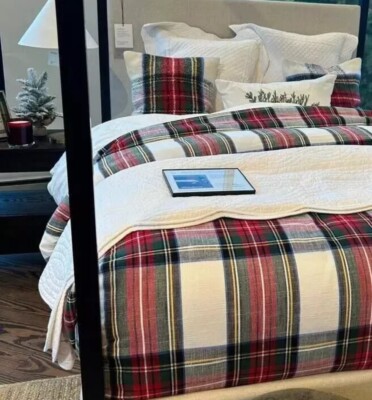 Pottery Barn Stewart Duvet Cover Set Ivory Red King 2 Euro Shams Tartan Plaid-image