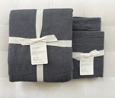 Pottery Barn EUROPEAN FLAX LINEN WAFFLE Full Queen Duvet & Std Shams Steel Blue-image