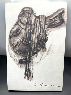 Pottery Barn Lauren Herrera Charcoal Horse Saddle Canvas Print Western 22 x 14.5-image