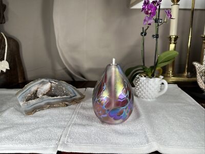 hand blown Maytum studio Art Glass iridescent aurene egg shaped bud vase 1988-image