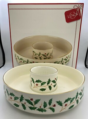 Lenox Holiday Chip & Dip Set 2 Pieces Gold Trim w/Box-image