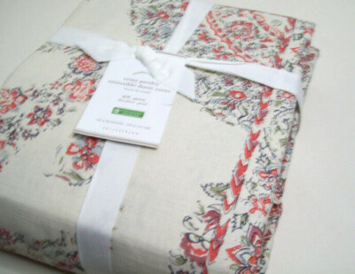 Pottery Barn Ivory Cream Remy Paisley Reversible Cotton Full Queen Duvet Cover-image