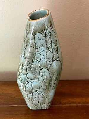  Art Pottery Art Deco Rare Abstract Shaped Vase Aqua Signed-image