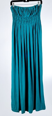 Max Studio Women’s Dress Medium Green Maxi Strapless Pleated Lined Stretch -image