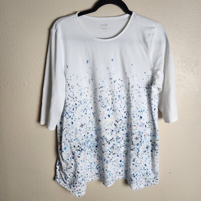 JJill Women's Top Lg White Turqoise Dip Print Tunic Tshirt Festival -image