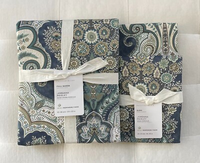 Pottery Barn JORDANA PAISLEY Duvet Full/Queen & Two Euro Shams Blue NWT-image