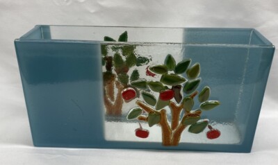Vintage Fused Glass Studio Art Napkin Holder: Apple Tree Art-image