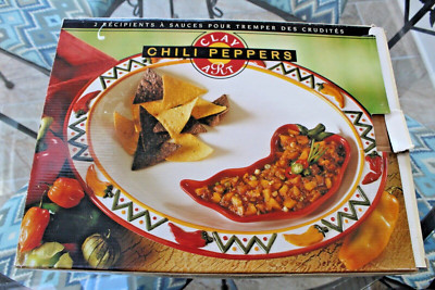 CLAY ART Chili Peppers 2 Piece Hand Painted Chip & Dip Set With Box, VGC-image
