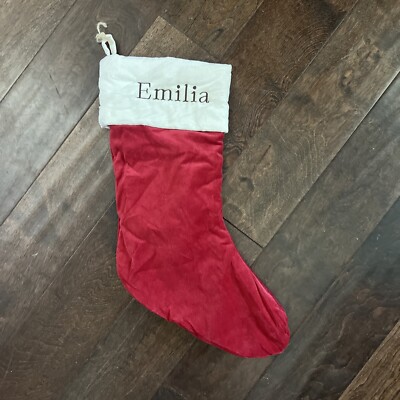 New Pottery Barn Classic Medium Red Ivory Velvet Christmas Stocking Mono Emilia-image