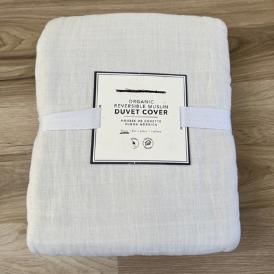Pottery Barn Dorm Organic Reversible Muslin Duvet Cover - Twin - White/Ivory-image