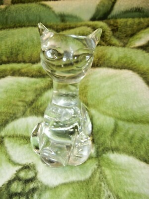 Art Glass Cat Kitty Animal Shaped Paperweight Clear with Bubbles 5 1/2