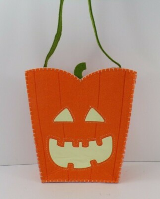 Pottery Barn Kids Glow In The Dark Pumpkin Felt Halloween Treat Bag Orange #401-image