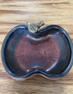 Studio Pottery Apple Shaped Dish Multicolored Hand Crafted Pottery 4.25” Signed-image