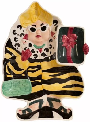 RETRO KITSCH CHRISTMAS SERVING TRAY BLONDE SHOPPER ANIMAL PRINT CAT EYE GLASSES-image