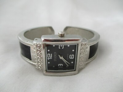 Studio TIME Watch Black & Silver Tone Cuff Band Square Shaped Face WORKING-image