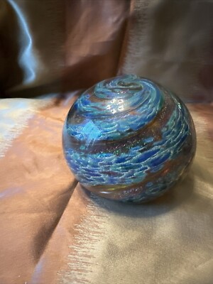 Amber Blue Hand Blown Round Shaped Glass Paperweight By R MYNATT 3.5”-image
