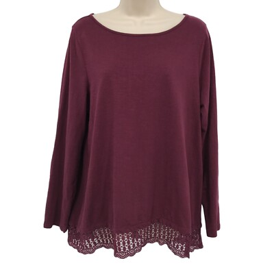 Dip Womens Long Sleeves Crocheted Hem Pullover Burgundy Blouse Top Size Large-image