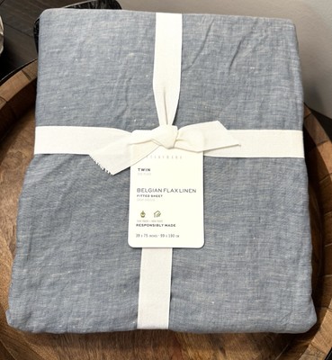 Pottery Barn Belgian Flax Linen (Fitted Sheet Only) Twin Chambray Blue NEW-image