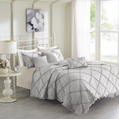 Deluxe Classic Grey Ruffles Quilt Coverlet 6 pcs Cal King Queen Set-image