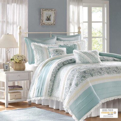 Madison Park Dawn 9 Piece Cotton Percale Print Duvet Cover Set Queen King-image